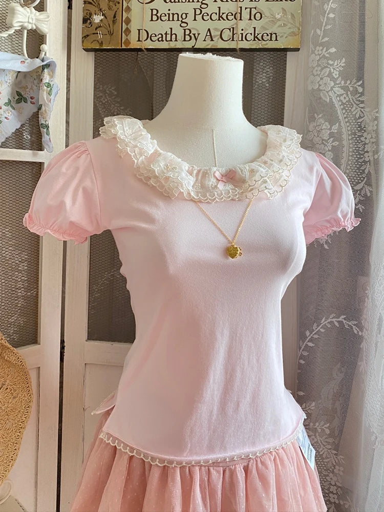 Cyflymder  Sweet T-Shirts Women Summer Pink Tshirt Lace Trim Collar Puff Sleeve Bow Decoration Cute Tops Tee Kawaii Clothes