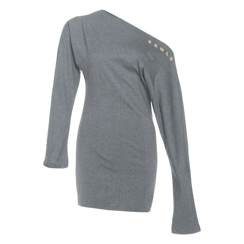 Cyflymder  Fashion Trend Autumn New Women's Clothing Spice Girl Slant Neck Off-Shoulder Long Sleeve Waist Dress