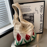 Cyflymder Tulip Knitted Bag Retro Flower Shoulder Bag Woolen Knitted Braid Handbag Fashion Art Chic Summer Holiday Tote Bags for Women