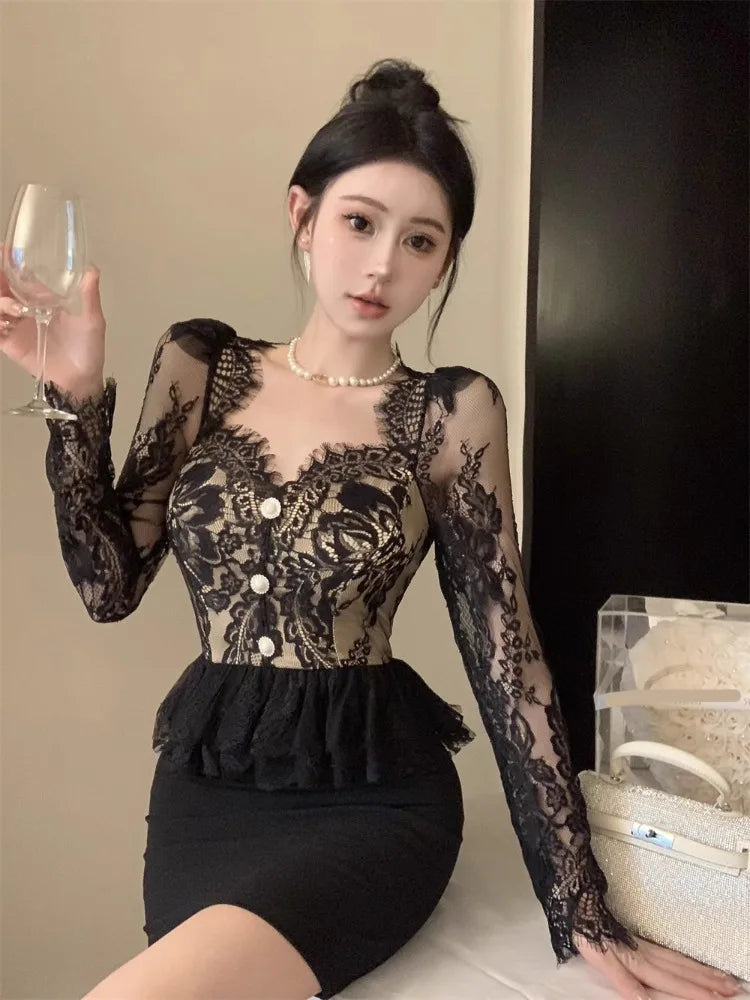 Cyflymder NEW YEAR DRESS TO IMPRESS Dresses Women Elegant Square Collar Lace Patchwork Long Sleeve Slim Sexy Dress Ladies French Style Chic Party Temperament