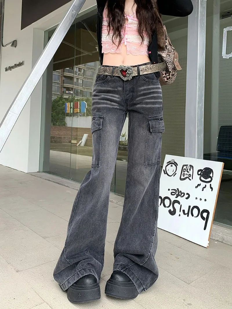 Cyflymder  High Street Retro Black and Gray Jeans Women's Pants Autumn Loose Wide-leg Pants Straight Flared Trousers Y2k Sweet Punk Pant