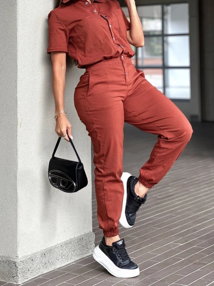 Cyflymder  Jumpsuit Women Wholesale Casual Fashionable Tight Fitting Short Sleeved Lapel Multi Pocket Elastic Button Fancy Club