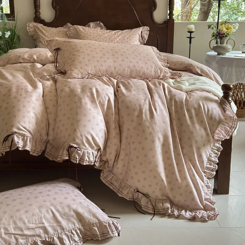 Cyflymder  100% Cotton Pastoral Floral Print Ruffles Bow Princess Bedding Set Queen King Duvet Cover Set Bed Sheet/Fitted Sheet Pillowcases