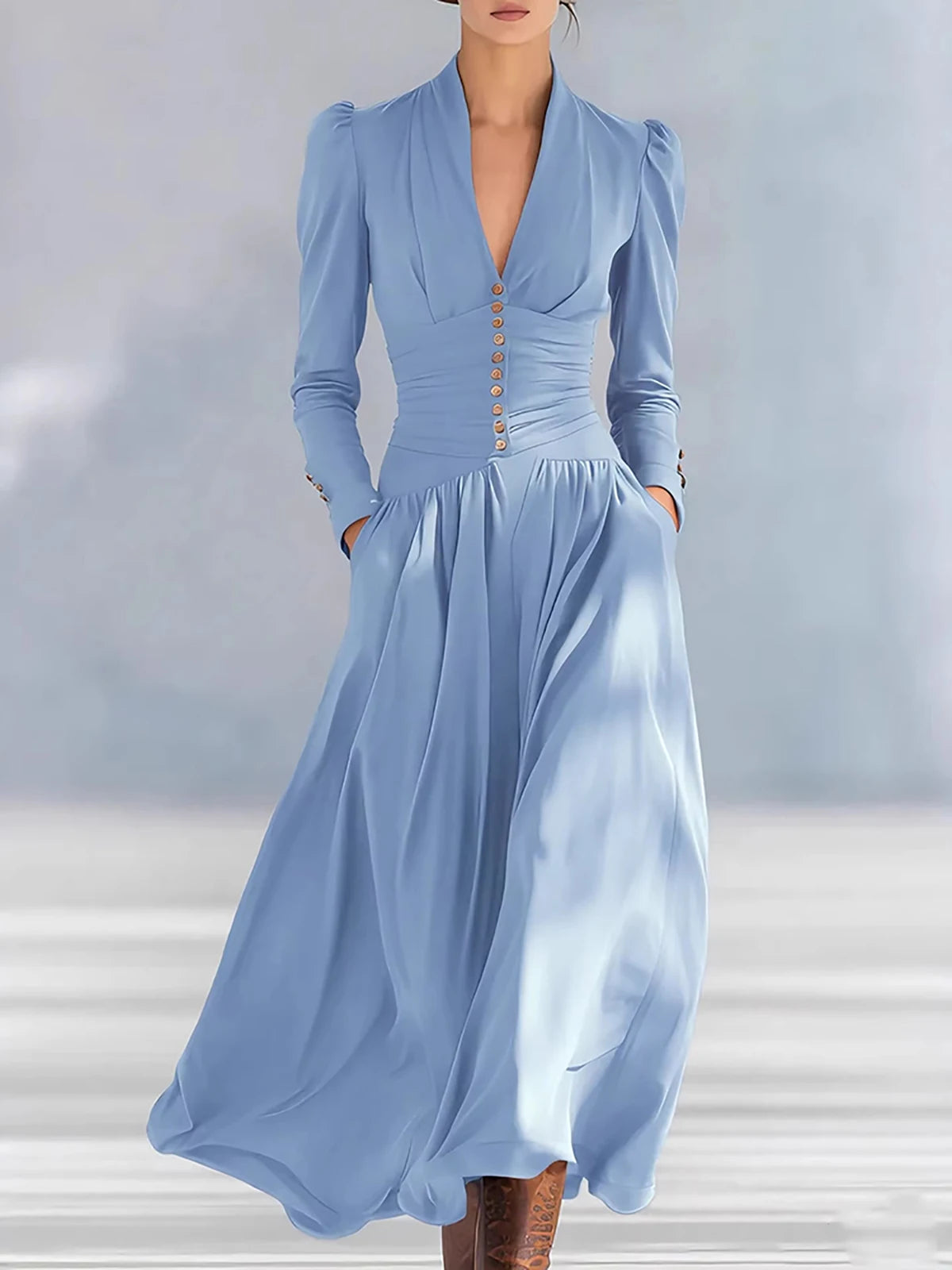 Cyflymder  Women's Solid V-Neck Ruched Elegant Maxi Dress Long Sleeve Buttons Slim Fit Spring Gown Fashion Draped Irregular Long Dresses