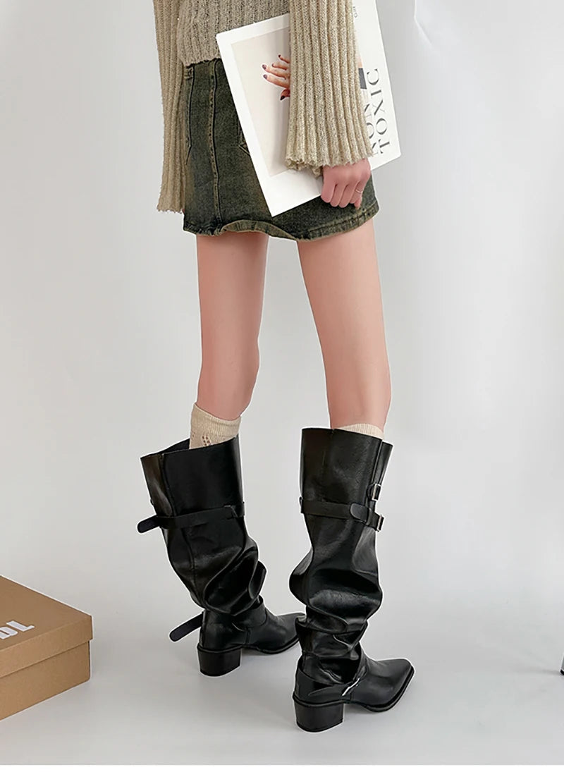 Cyflymder  Autumn Vintage Thick Heel Women Knight Boots Fashion Belt Buckle Shoes Ladies Elegant Pointed Toe Mordern Knee High Booties