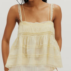 Cyflymder  Women Y2K Semi Sheer Cami Top Sleeveless Lace Patchwork Ruffled Peplum Tank Top Summer Backless Babydoll Camisole