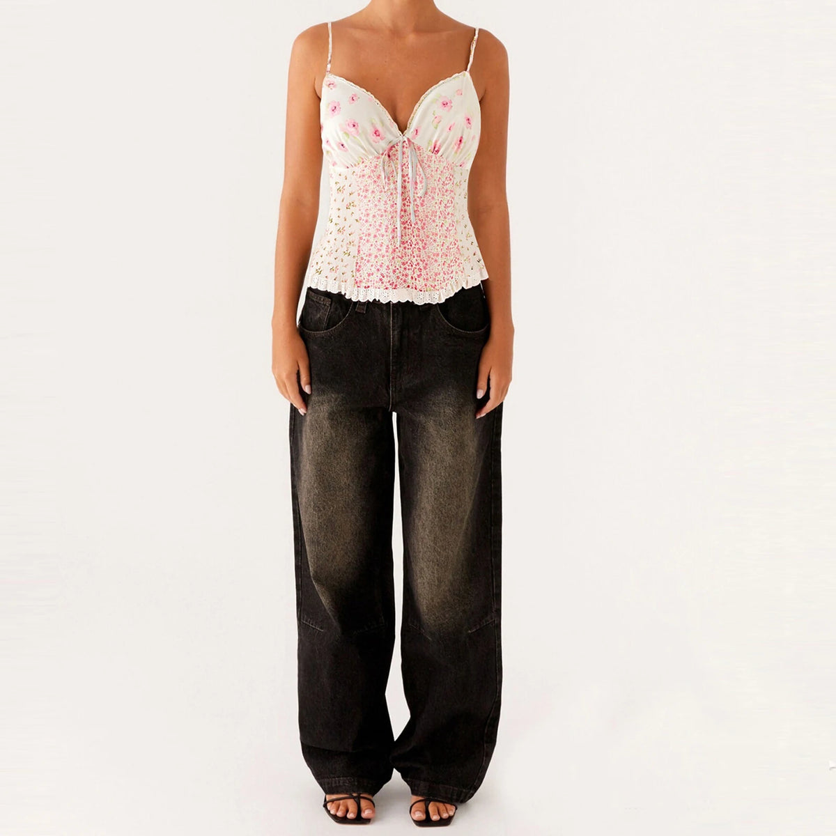 Cyflymder  Floral Print Sleeveless V Neck Camisole Lace Crop Top Women s Summer Tank Vest Spaghetti Strap Shirt Blouse
