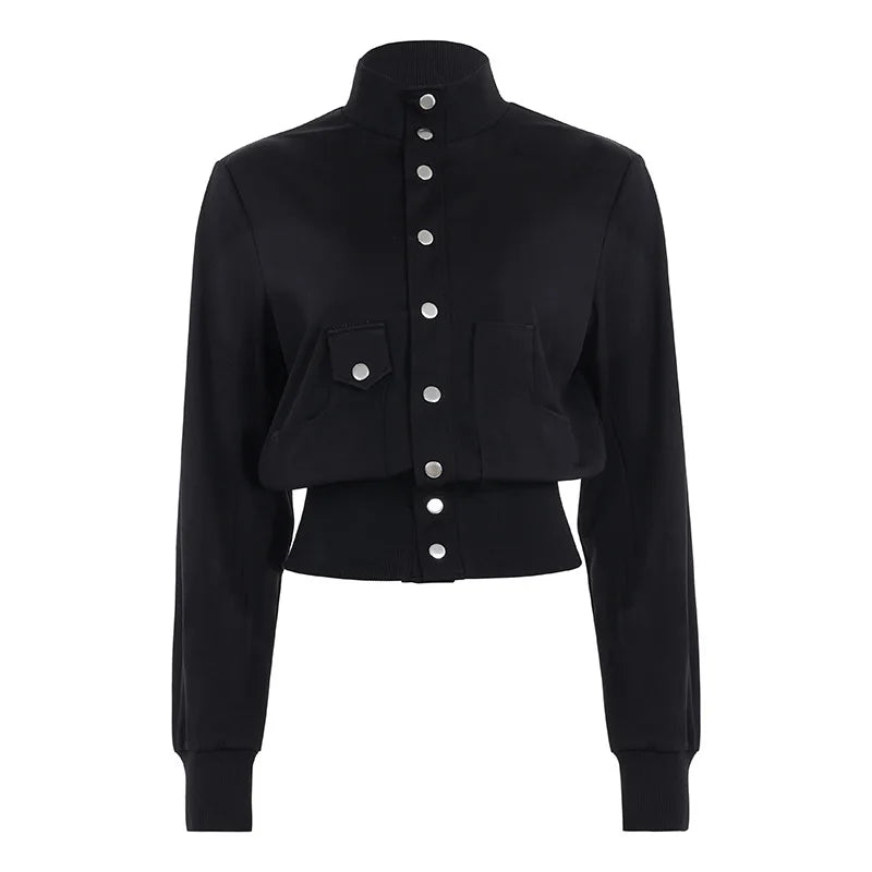 Cyflymder  Early Autumn New American Safair Big Pockets Stand Collar Cardigan Y2k Spice Slim Waist Short Casual Coat Single Breasted Jacket