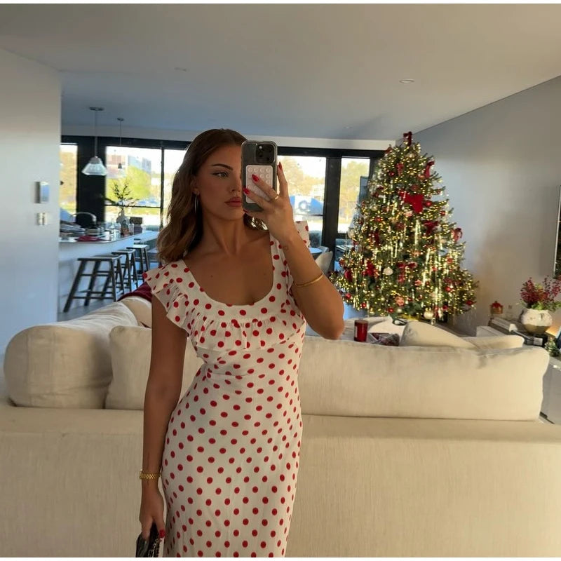 Cyflymder  Slash Neck Polka Dot Printed Dress Women Color Blocking Design Elegant Fashion Casual Robe Versatile Off Shoulder Flounce Dress