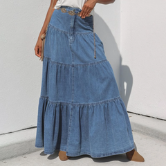 Cyflymder  Women's Fashion Denim Long Skirts Stylish Solid Color High Waist A-Line Jean Skirt for Summer Spring