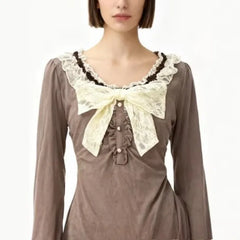 Cyflymder  American Elegant Spliced Lace O Neck Bow Design Woemn T Shirts Y2k Aesthetic Vintage Spliced Pleated Clothes Harajuku Punk Tops