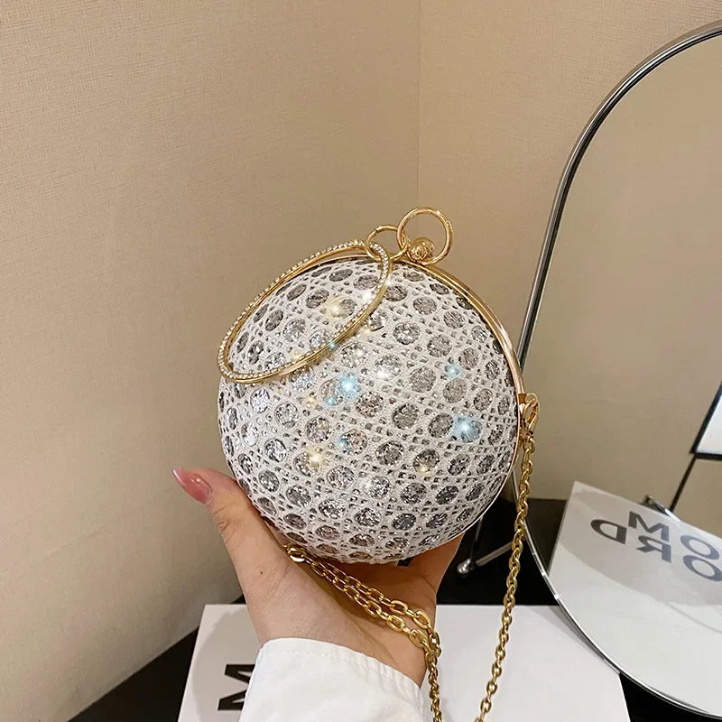 Cyflymder Sparkly Round Evening Purses for Women Shiny Diamonds Handbag Unusual Party Mini Small Bags Fashion Luxury Shoulder Bag Woman