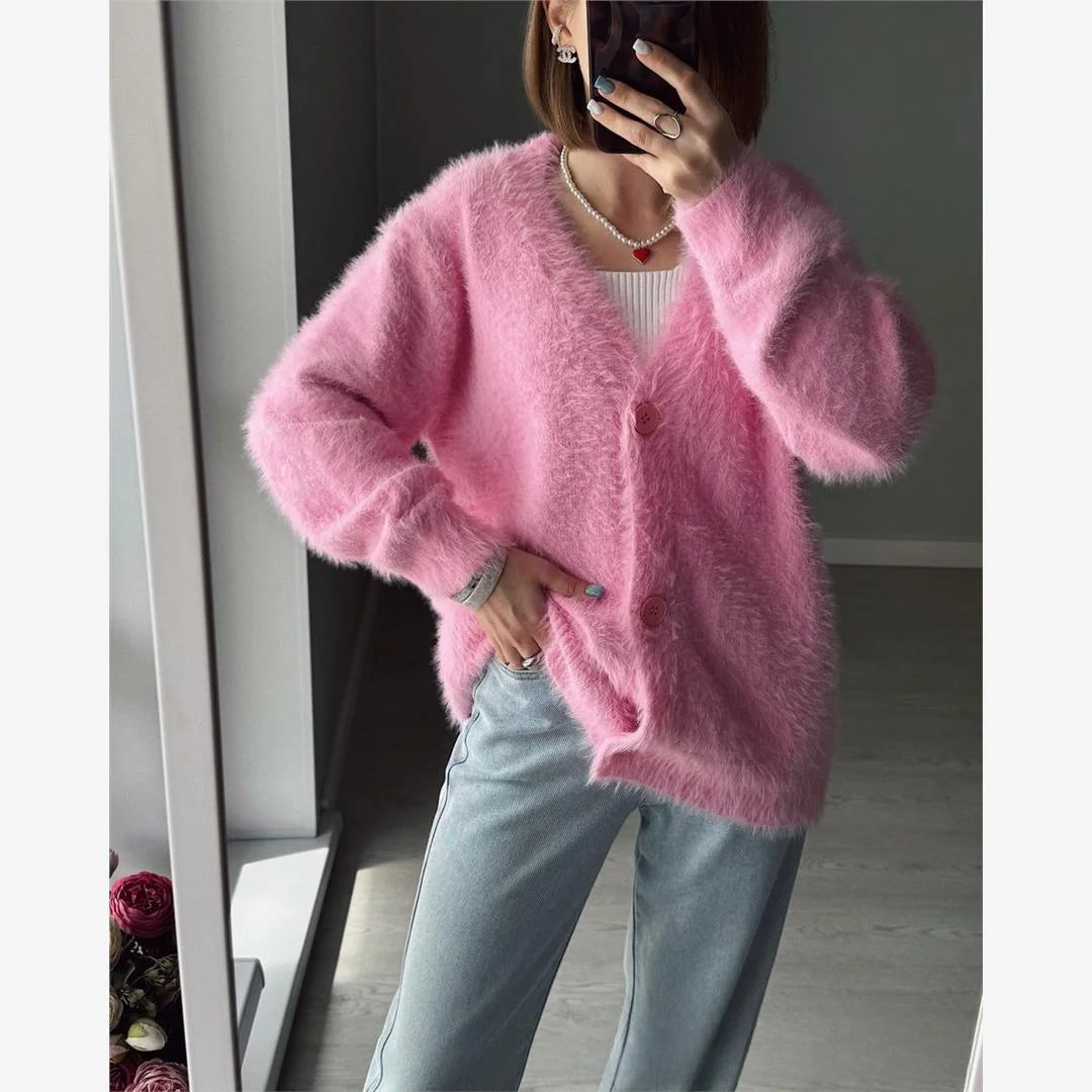 Cyflymder  Thiened Loose Knitted Cardigan Women's V-ne Fake Mink Sweater Soft Autumn New Sle Top Faion Outerwear Coat