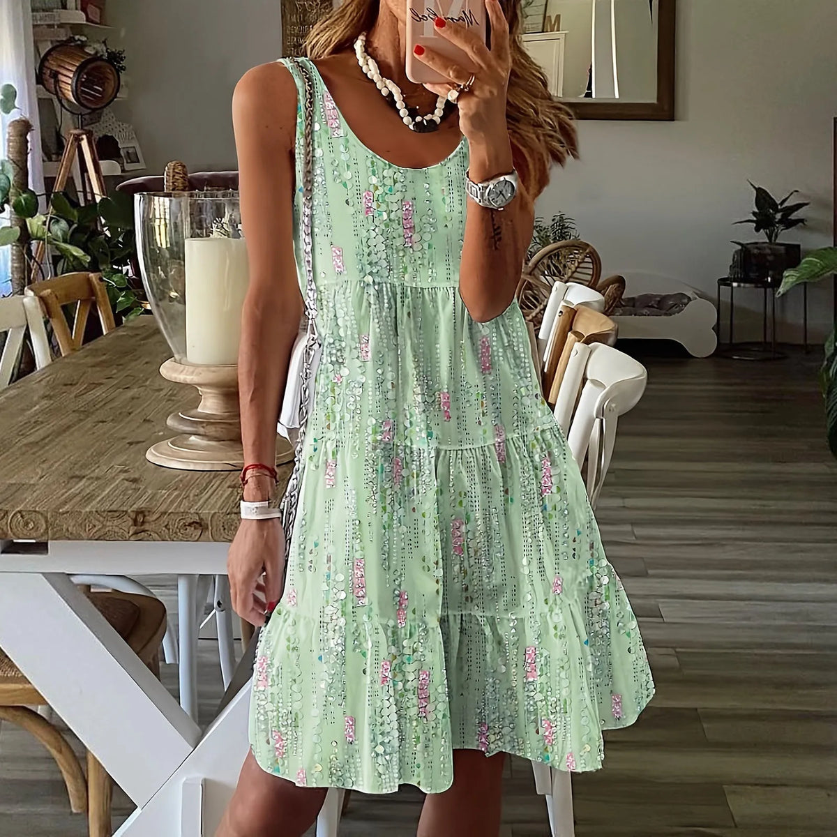 Cyflymder  Stylish Glitter Sequined Womens Dress Round Neck Sleeveless Solid Patchwork Short Summer Clothing Bohemian Loose Dress For Woman