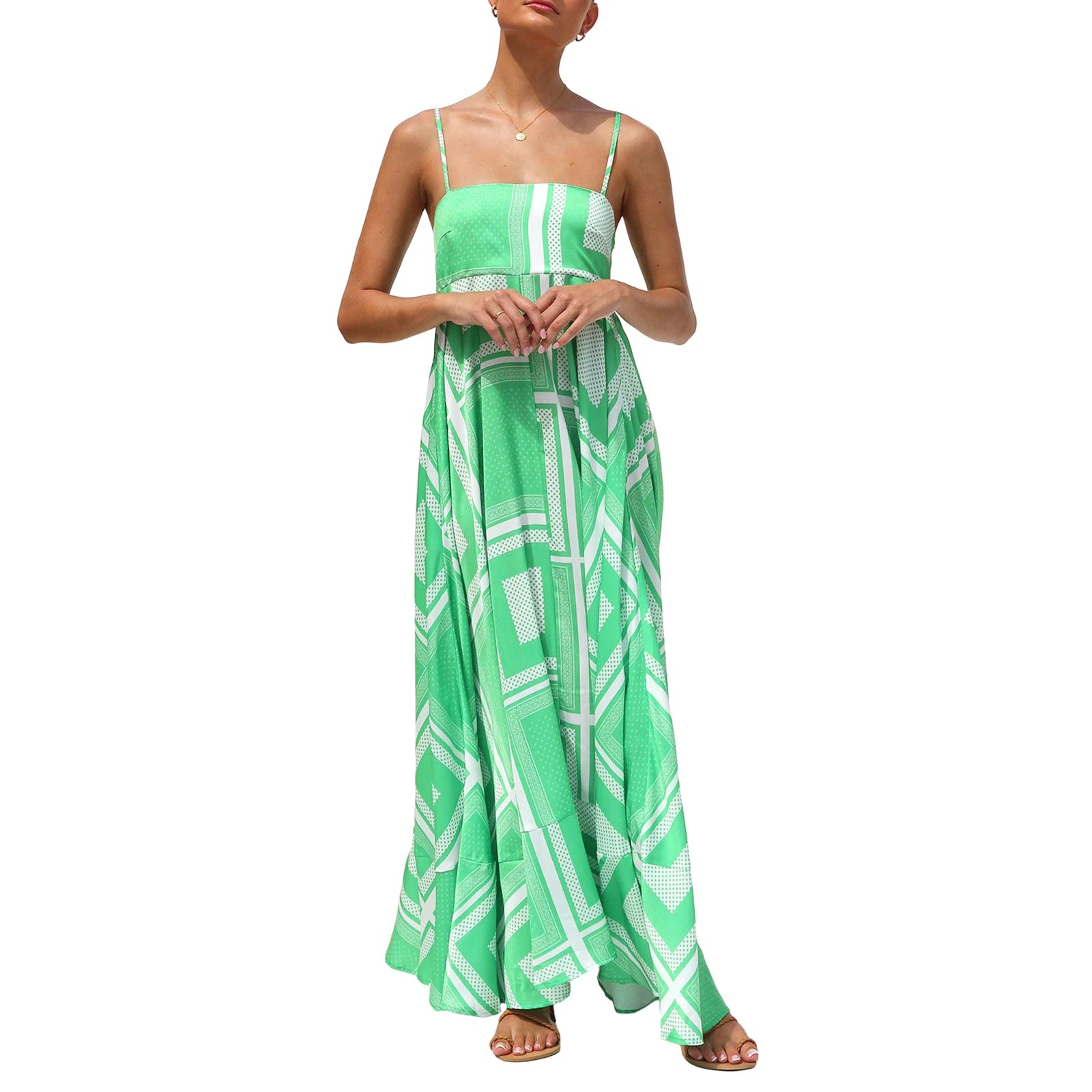 Cyflymder  Spaghetti Straps Flowy A-Line Long Dress Women's Summer Printed Backless Sleeveless Slip Swing Dress for Party Vacation Street