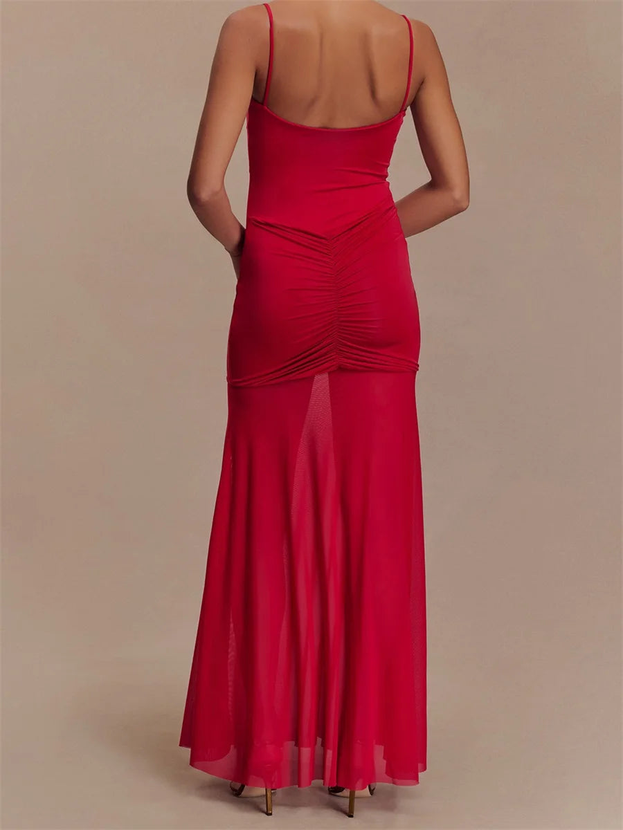 Cyflymder  Elegant Sleeveless Maxi Dress with Ruched Detailing and Cutout Front Spaghetti Strap Backless Design for Women