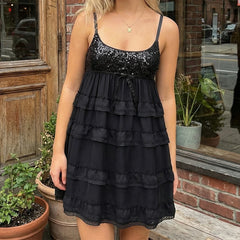 Cyflymder  Women Sequin Lace Edge Ruffled Mini Dress Multi-Layered Spaghetti Strap Sleeveless Cute Bow Short Dress Club Party
