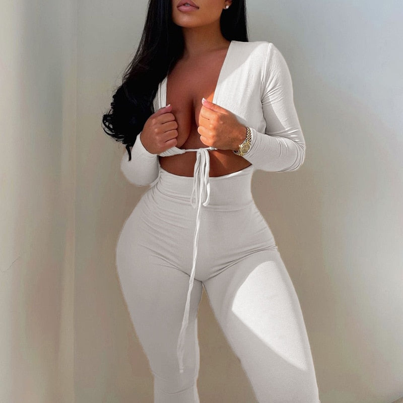 Cyflymder Summer Sexy Female Jumpsuit V-neck Long Sleeve Bodycon Hollow Out Jogger Club Body Jumpsuits Women's Clothes