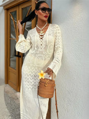 Cyflymder  Sexy Women Knit Beach Dress Hollow-Out V-Neck Long Sleeve Bikini Cover-Ups Dress Holiday Dress Summer Swimwear Beach