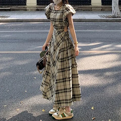 Cyflymder  Vintage Plaid Aura Waist Long Dress Summer French Style A-Line Female Clothing Short Sleeve Stylish Cut Out Drawstring Dresses