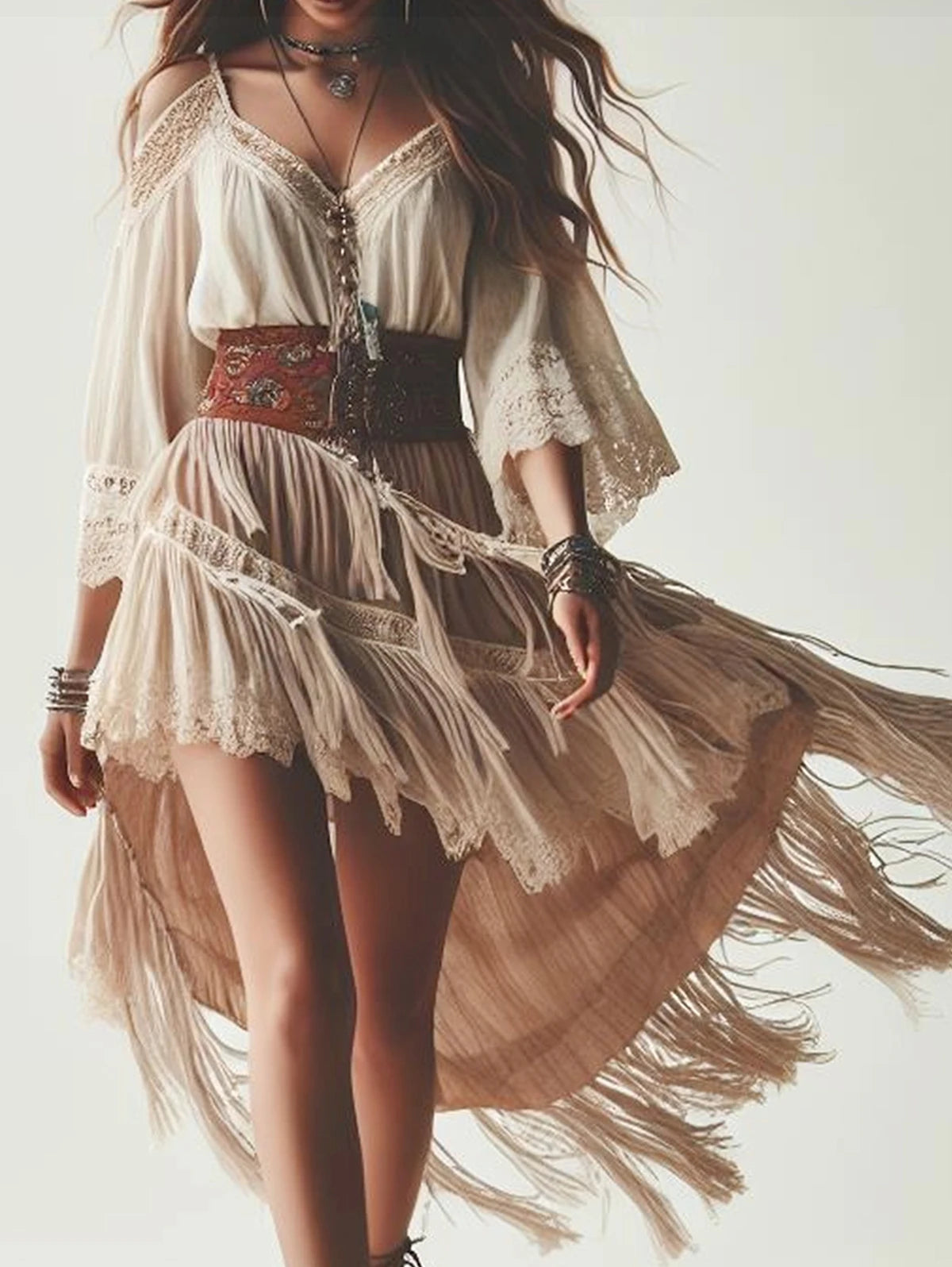Cyflymder  Women's Boho Dress Cold Shoulder V Neck Lace Fringe Ethnic Chic Elegant Irregular Hem Indie Folk Sweet Midi Dress for Summer