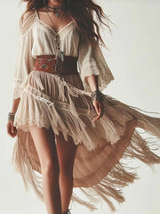 Cyflymder  Women's Boho Dress Cold Shoulder V Neck Lace Fringe Ethnic Chic Elegant Irregular Hem Indie Folk Sweet Midi Dress for Summer