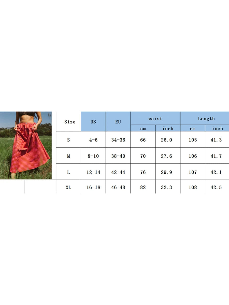 Cyflymder  Y2k Women Gingham Maxi Skirts A Line Ruffle Plaid Midi Skirt Flowy Long Skirt Losse High Waist Summer Vintage Streetwear