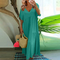 Cyflymder  Casual Summer V-Neck Short Sleeve Pleated Solid Color Casual Midi Dress Hem Loose Dress Loose Large Swing Short-sleeved Dress