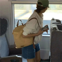 Cyflymder   Fashion Beige Woven Backpack Women Solid Color Large Capacity Lightweight Handbag Daypack Ladies Casual Commuter Mochilas Mujer