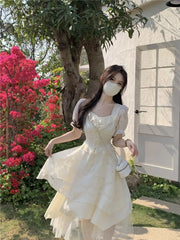 Cyflymder  Woman Dress Square Collar Puff Short Sleeve Ruffles Lace Bandage Flowers Spring Summer Sweet Elegant Dresses Princess
