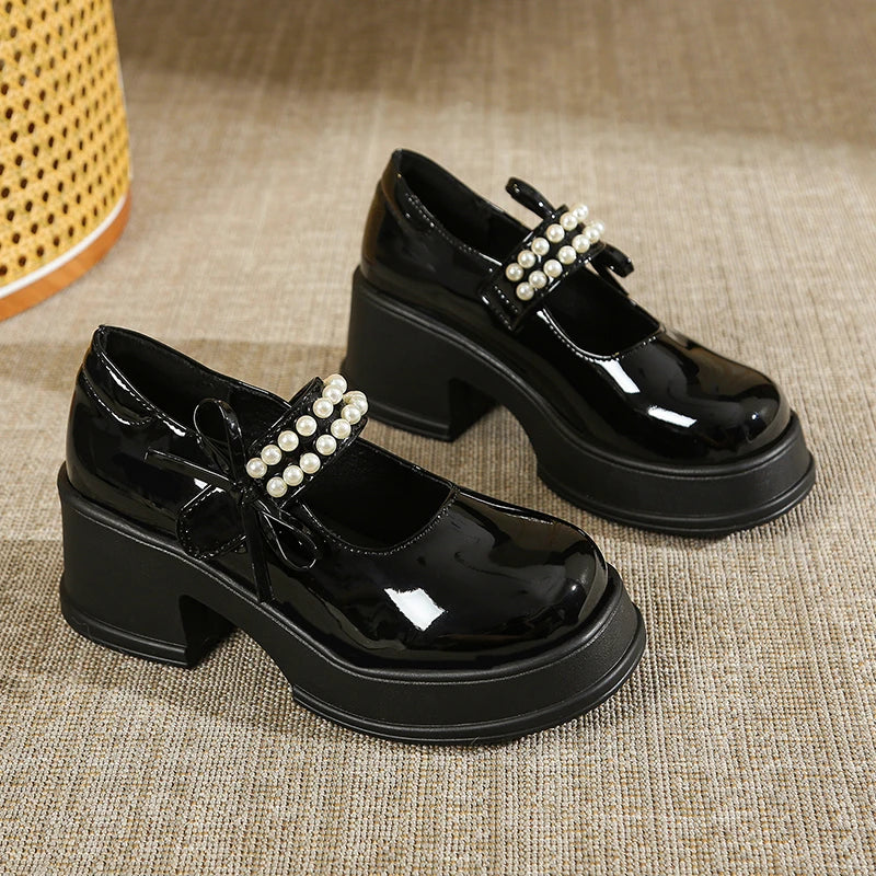Cyflymder  Vintage High Heels Mary Jane Shoes for Women 2025 Patent Leather Platform Pumps Woman Pearls Thick-Heeled Shoes Female