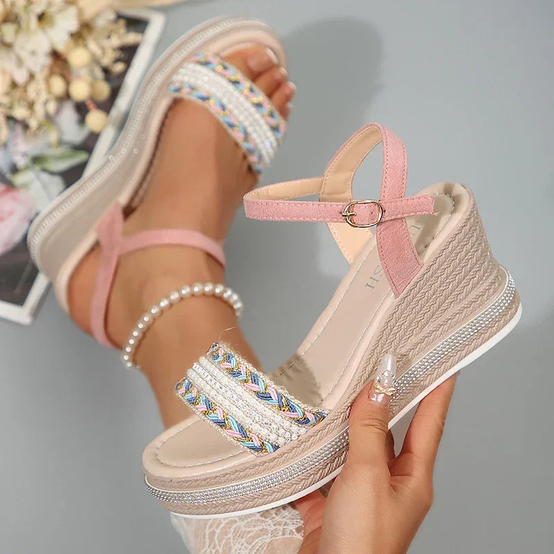 Cyflymder  Fashion Pearl Striped Wedge Sandals for Women Summer Comfort Thick Sole Beach Shoes Women Ankle Strap Chunky Platform Sandalias