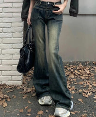 Vintage Blue Washed Slim Y2k Female Jeans High Waist Full Length Casual Chic Pockets Fashion Women's Jeans Office Lady Cyflymder