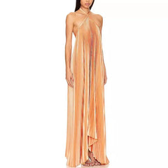 Cyflymder  Halter Cross Straps Long Pleated Asymmetric Hem Sleeveless Backless Elegant Evening Long Maxi Dresses Sexy Holiday Chic Summer