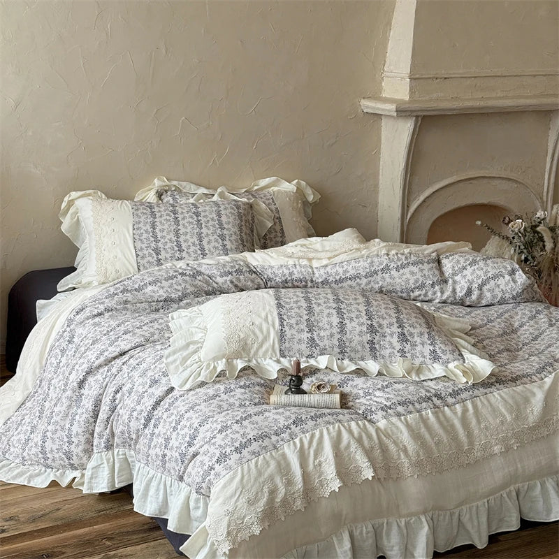 Cyflymder  Vintage French Prints Lace Ruffles Bedding Set Double Layer Yarn 100% Cotton Duvet Cover Flat/Fitted Bed Sheet Pillowcases 4Pcs