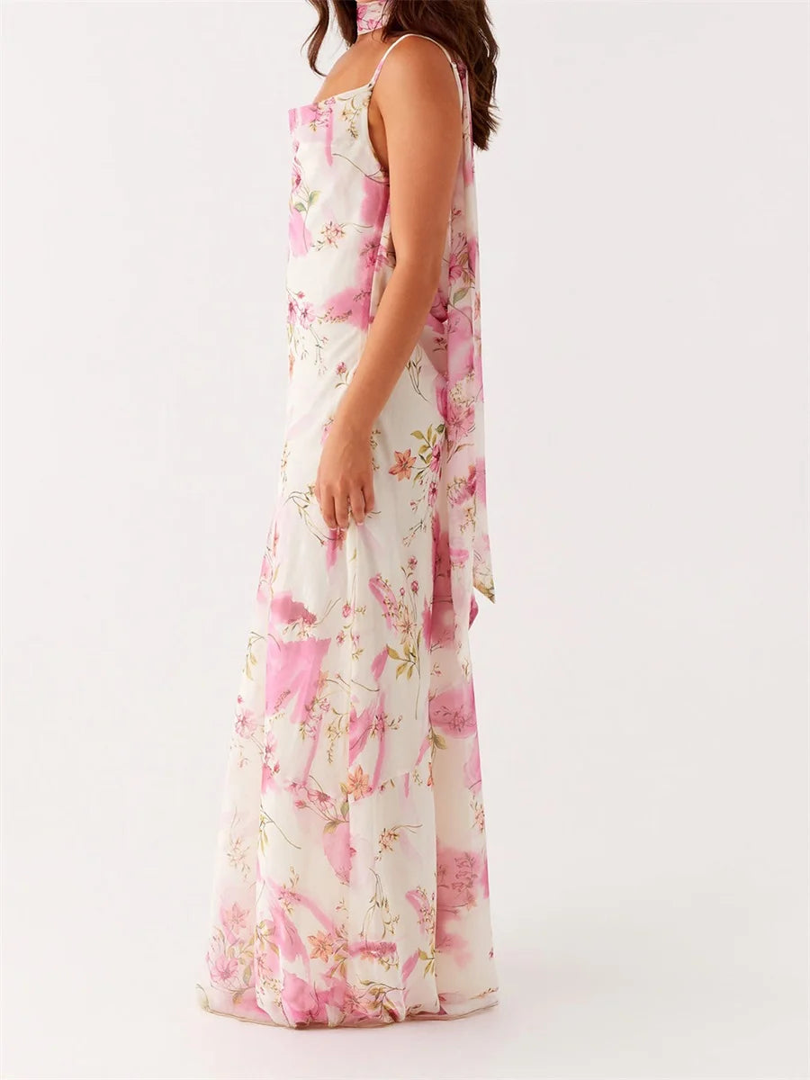 Cyflymder  Women s Boho Maxi Dress with Off-Shoulder Ruffle Sleeve and Floral Print Summer Beach Party Casual Dress with Matching Headband