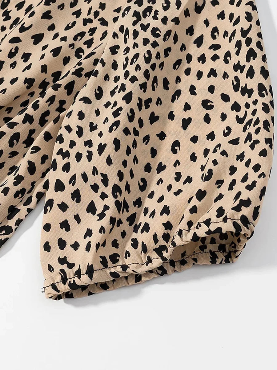 Cyflymder  French Sexy Leopard Printed Dress for Women V Neck Half Sleeve Spliced Lace Up Slim Temperament Dresses Female New
