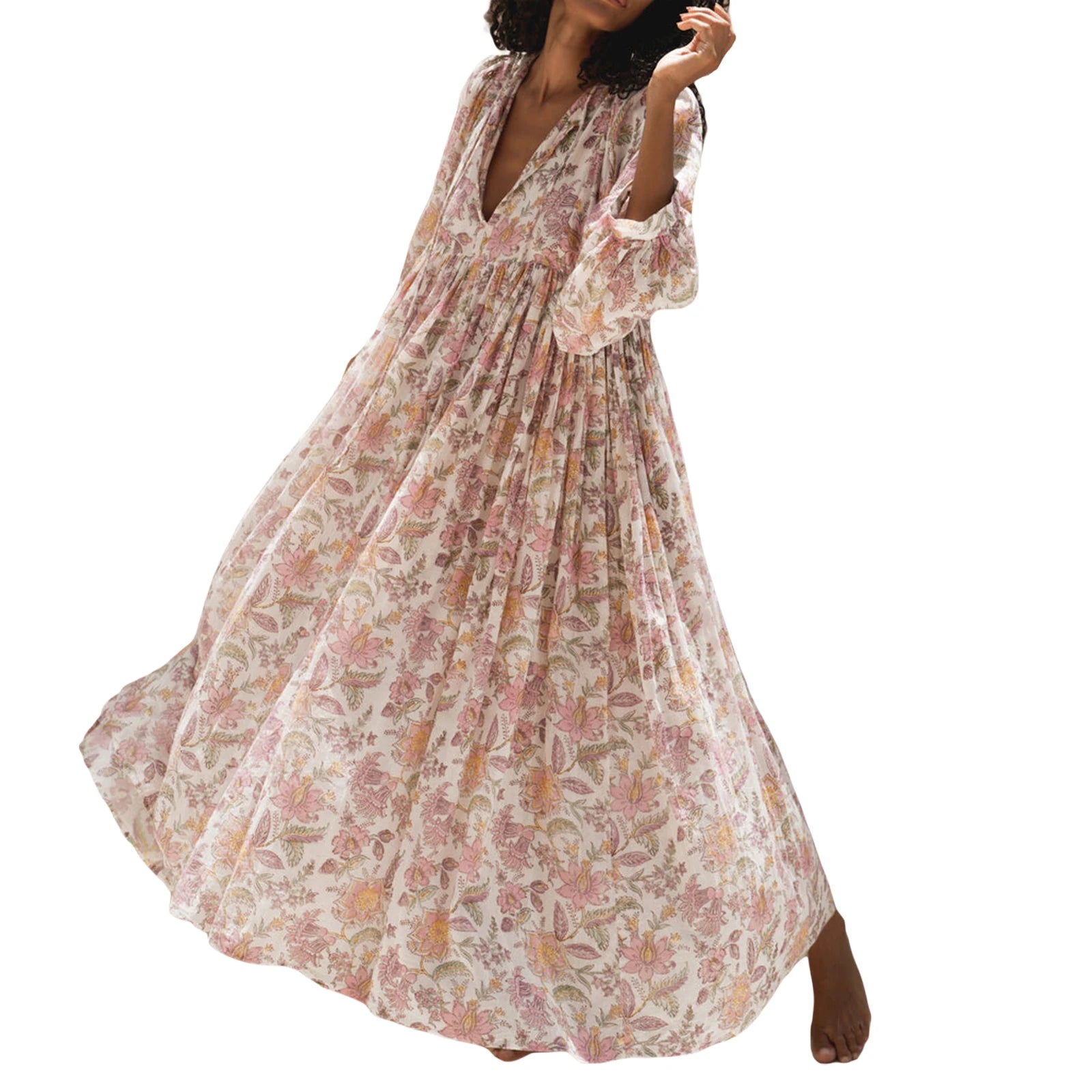 Cyflymder  Elegant Maxi Dress with 3 4 Sleeves V Neckline and Floral Print - Stylish Loose Fit Summer Dress for Casual Wear