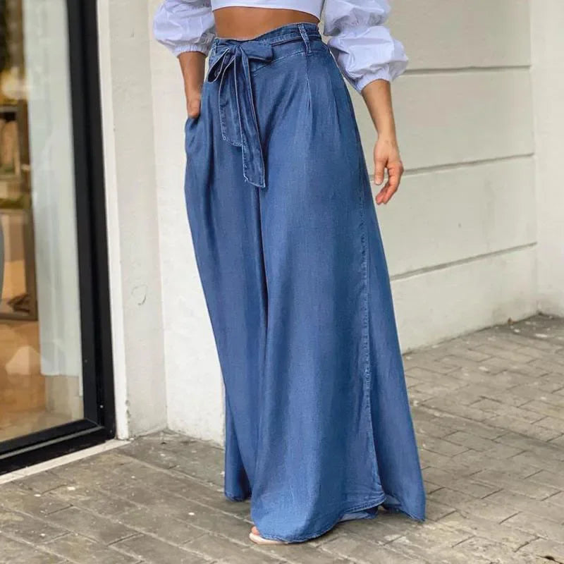 Cyflymder  Solid Color Elegant Lace-up High-waisted Wide-leg Pants. European and American Style New Summer Fashion Casual High Waist Jeans