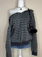 Cyflymder  Vintage Sexy Spice Girl Off The Shoulder Zip Up Sweatshirt Y2k Niche Loose Striped Fashion Autumn Sweet Cool Coats Punk Lazy Top