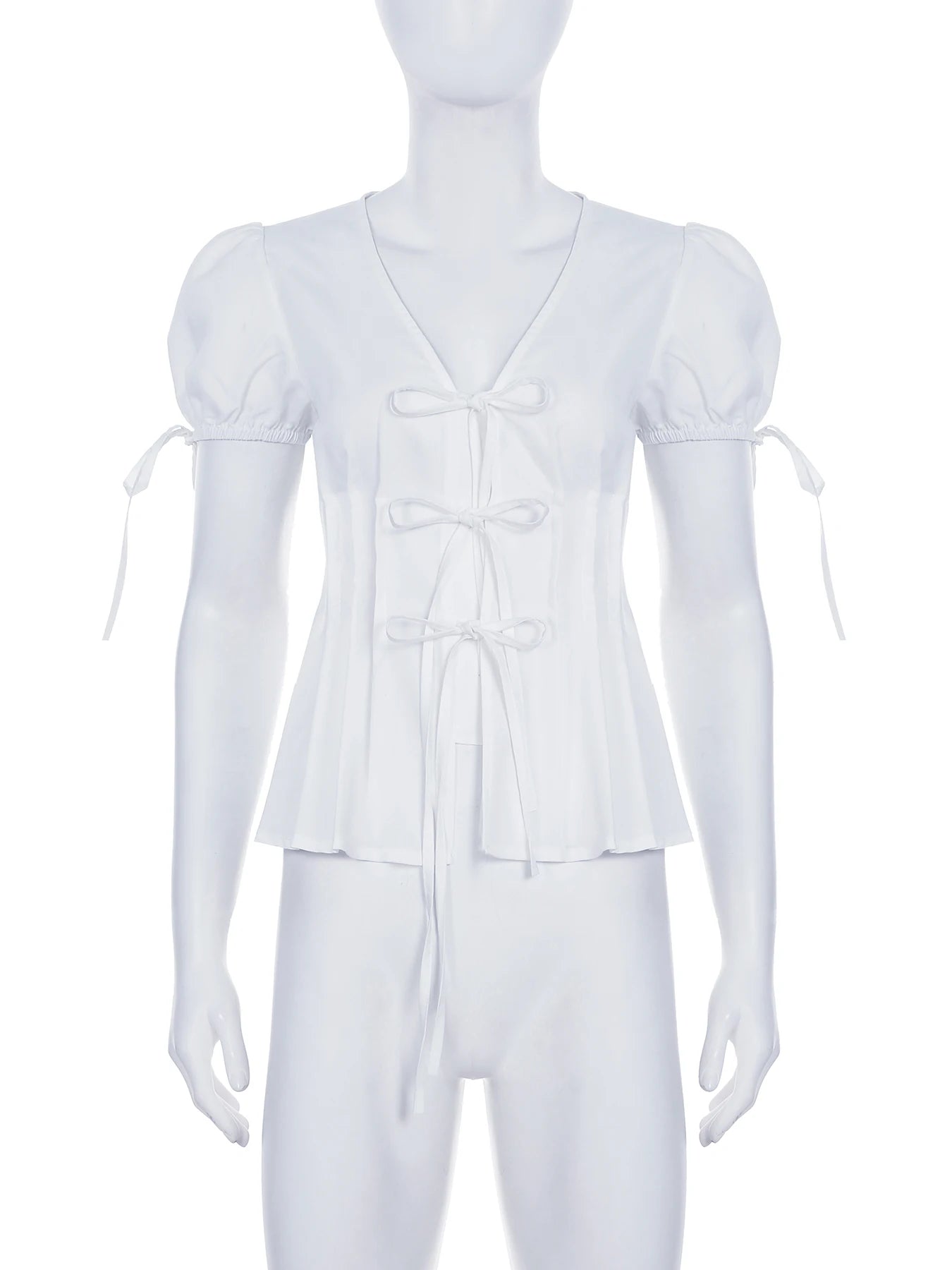 Cyflymder  Elegant Fashion Solid Split Blouse Slim Bandage V-Neck Puff Sleeve Shirts Women 2025 Summer Fashion Streetwear Ladies