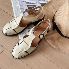 Cyflymder   Women's Summer Luxury Designer Brand Leather Hollow Woven Flat Roman Luxury Round Toe Athletic Mary Janes Sandals Female