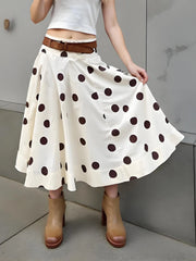 Cyflymder  Women White A-Line Skirt Dots Print High Waist Midi Skirt Elegant Swing Skirts for Daily Leisure and Work