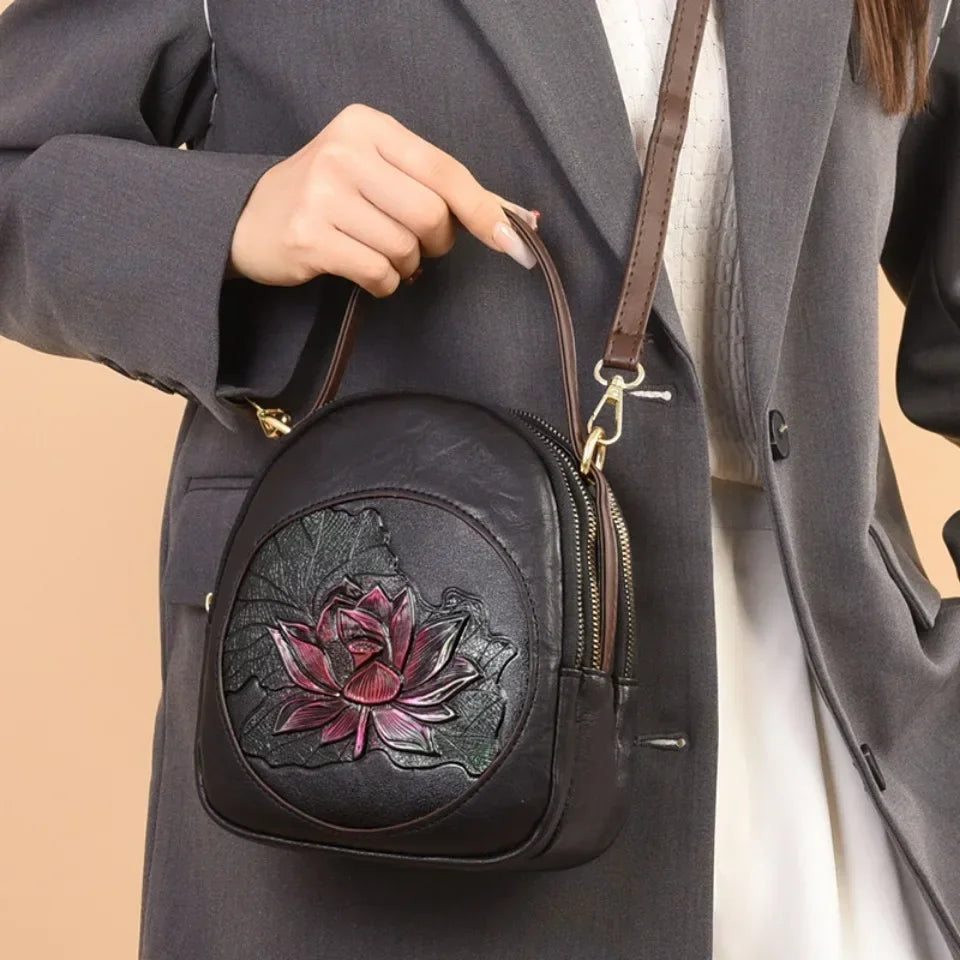 Cyflymder  Luxury 3-Layer Pockets PU Leather Women's Leisure Shoulder Bag and Purses Fashionable Lotus Pattern Crossbody Bag Ladies Sac