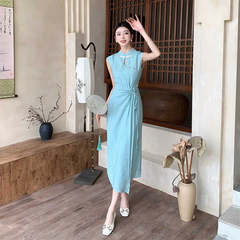 Cyflymder  Chinese Style Thin Dress Women Spring and Summer Stand Collar Cheongsam Slim Fit Dress Fashion Female Clothes