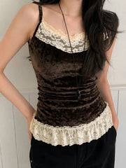Cyflymder   Y2k Sexy Lace Patchwork Solid Temperament V Neck Spaghetti Strap Sleeveless Tanks