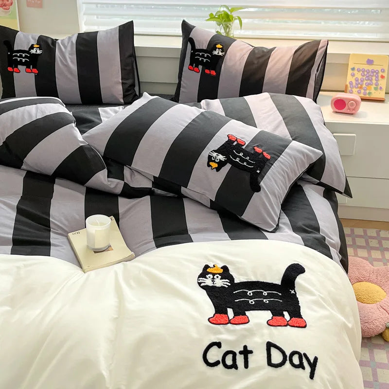 Cyflymder  Pure Cotton Cat Embroidery Stripes Bedding Sets Cartoon Skin Friendly Quilt Set for Dormitory Home Single Queen Size Bedclothes