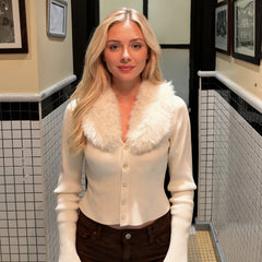 Cyflymder   Women Detachable Faux Fur Big Collar Ribbed Knit Sweater  V‑Neck Button Long Sleeve Cropped Slim Fit Winter Knitted Cardigan