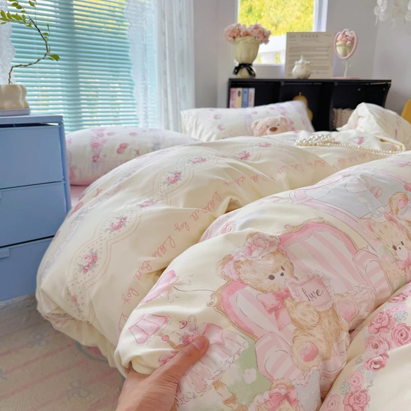 Cyflymder  INS Korean Style 2025 Floral Bedding Sets New Skin Friendly Soft Washed Cotton Printed Bed Sheet Sets