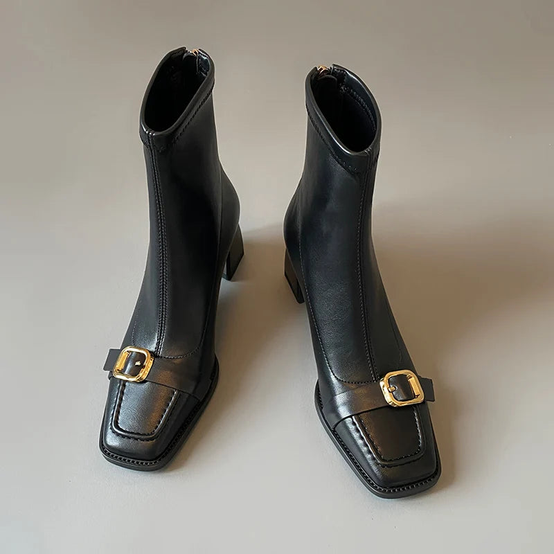 Cyflymder  Vintage Thick Heel Woman Ankle Boot Fashion Belt Buckle Ladies Elastic Slim Short Booties Autumn Winter Women's Shoes
